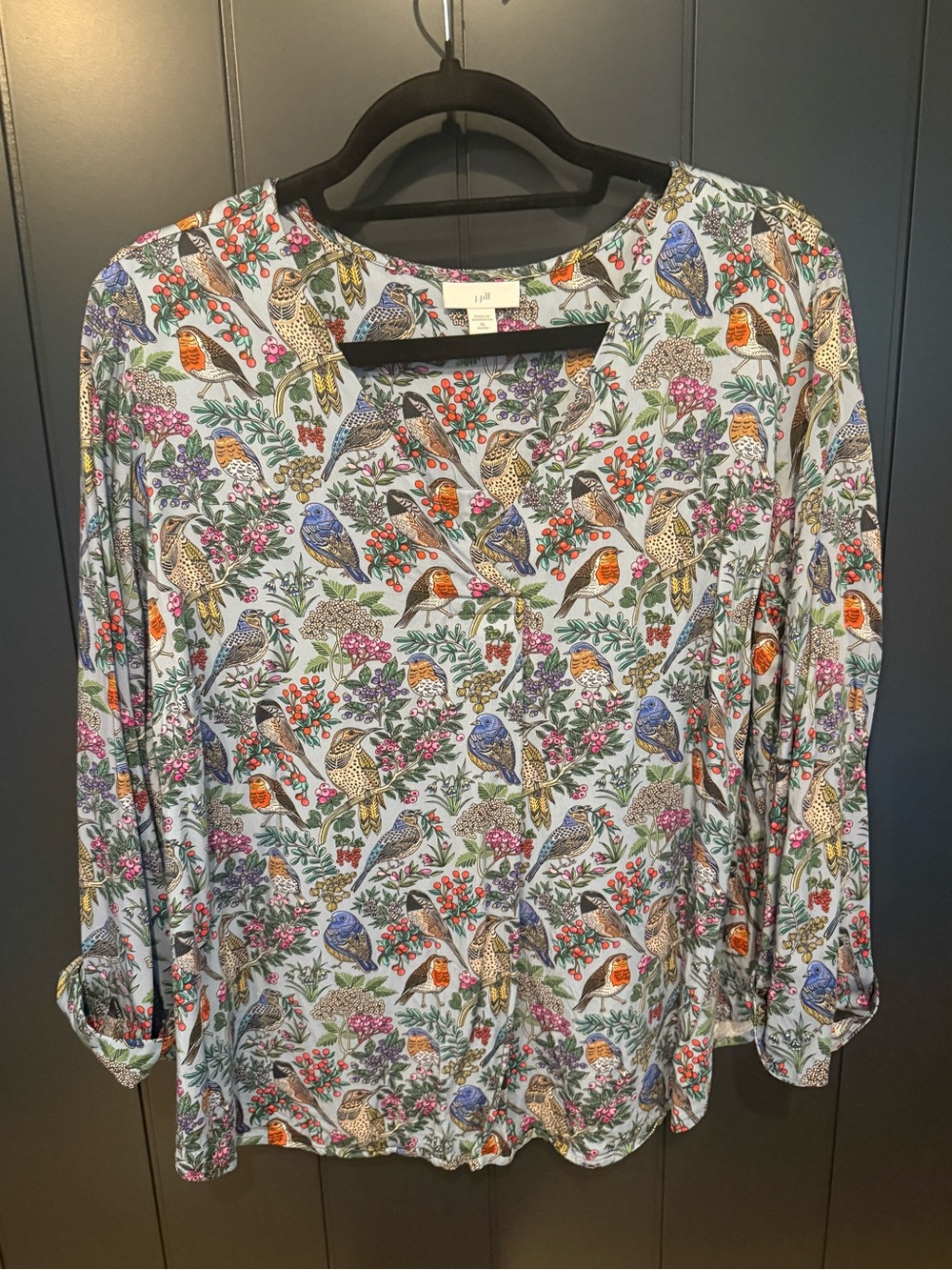 🦜 J. Jill Perched Birds 3/4 sleeve Popover V-Neck Blouse